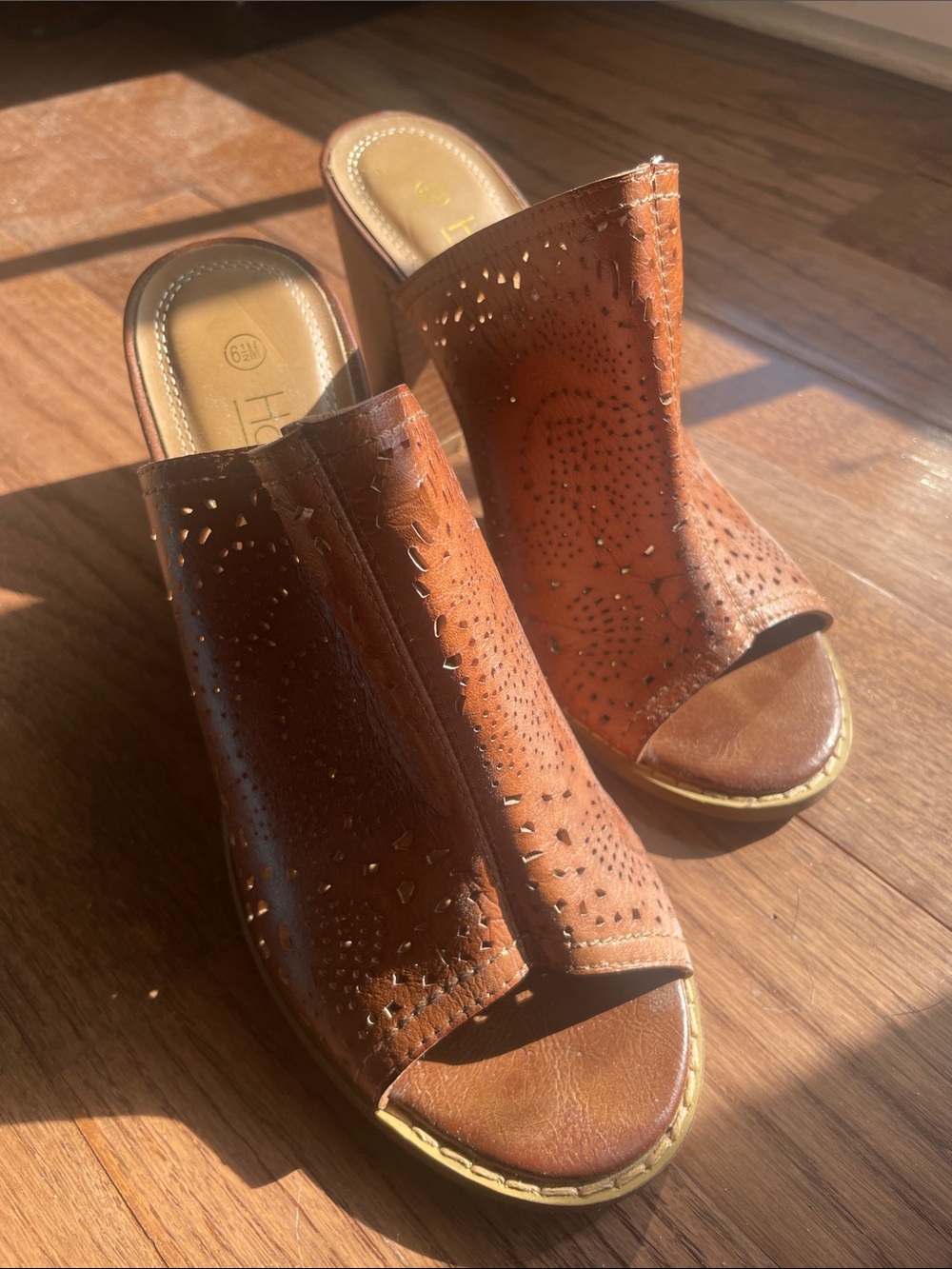 Women’s Brown Perforated Leather Slide Mules